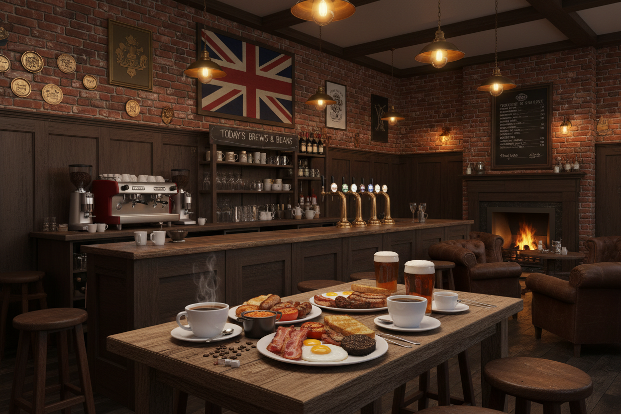 a brew pub with British vibes mixed with coffee and beer and breakfast foods